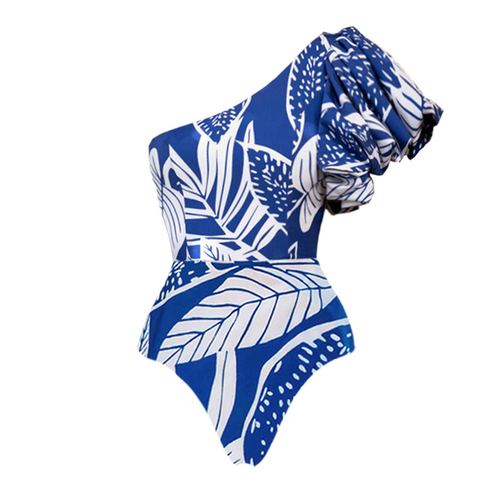 Leaf Print One Shoulder Monokini with Skirt Set